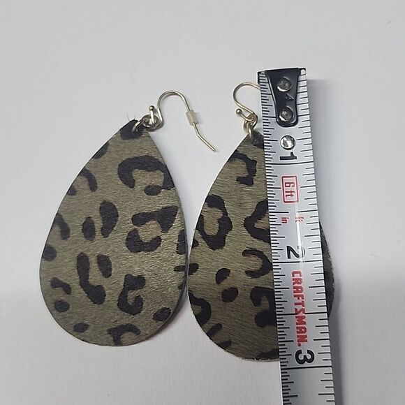 Dangle Calf Hair Teadrop Leopard Animal Print Earrings in Green - Picture 3 of 3